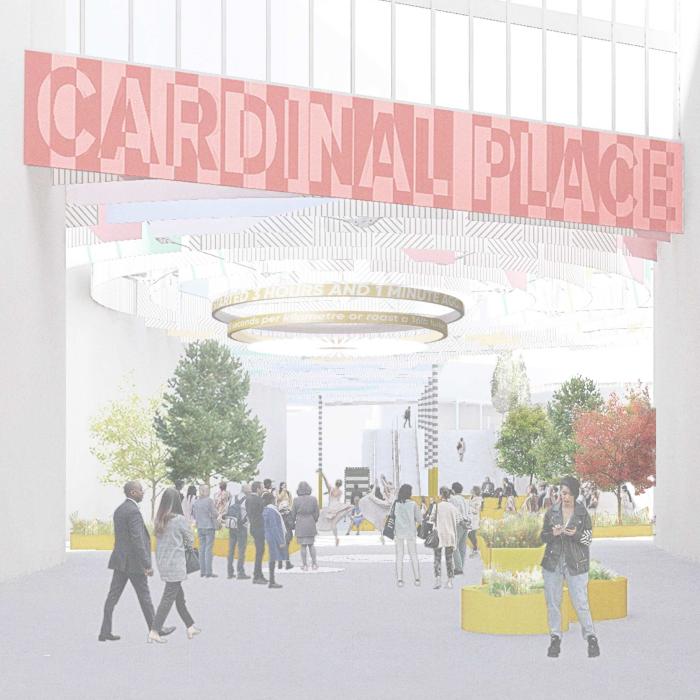 A CGI displaying a sign for Cardinal Place